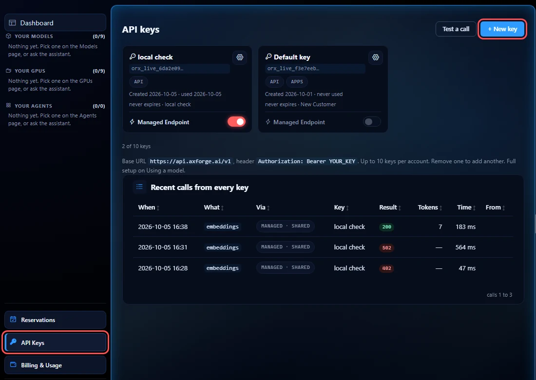 The API keys page in the AxForge console, with API Keys in the left menu and the + New key button marked