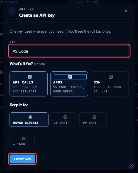 The Create an API key form: the name VS Code, Apps ticked, Never expires, and the Create key button marked