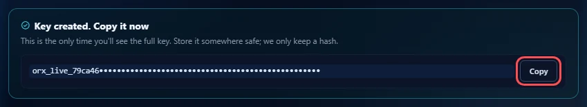 Key created. Copy it now, with the key (hidden in this picture) and the Copy button marked