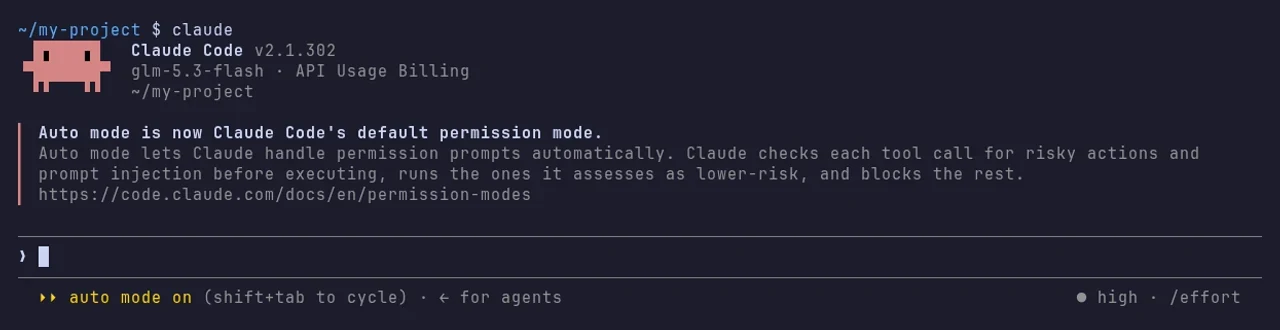 Claude Code started in a terminal, showing the model glm-5.3-flash and API Usage Billing