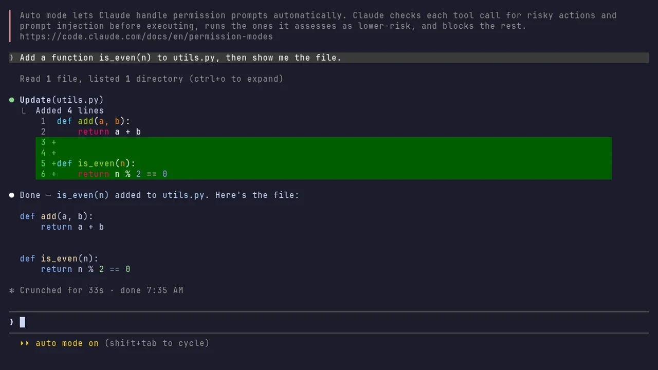 Claude Code adding a function is_even to utils.py and showing the file, on glm-5.3-flash