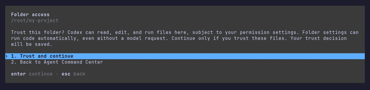 Codex asking whether to trust the project folder, with Trust and continue selected