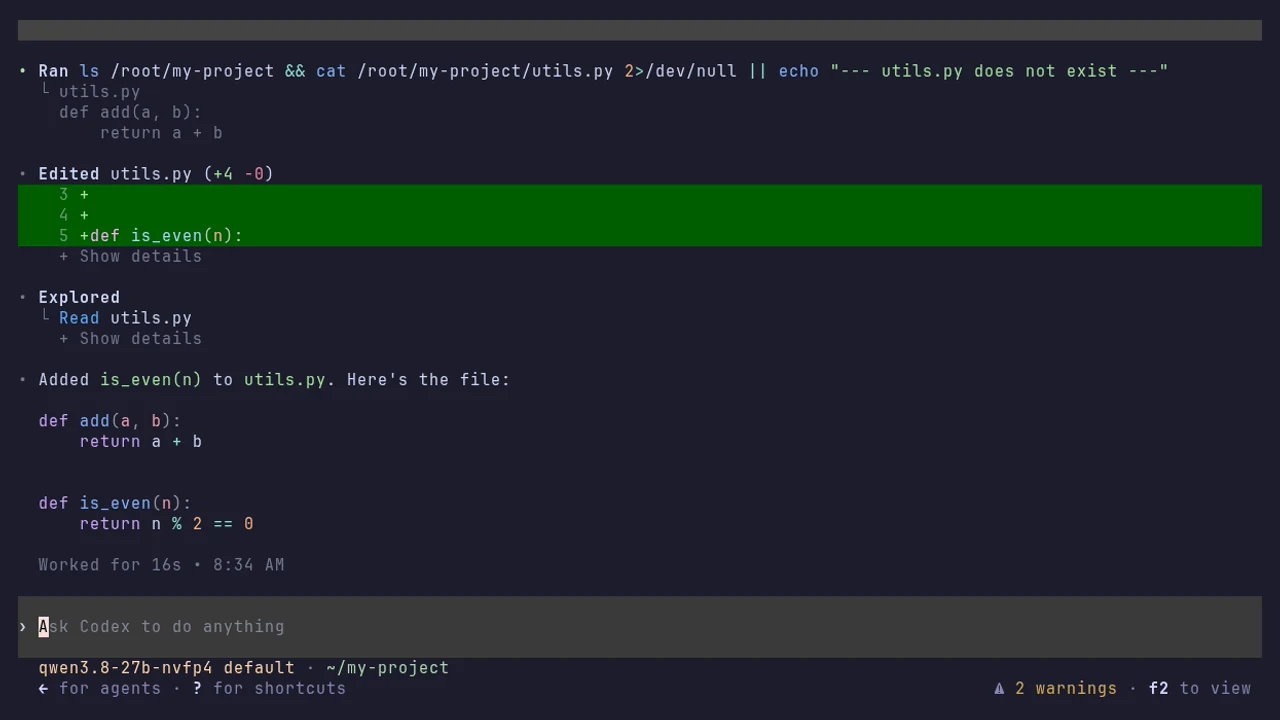 Codex adding a function is_even to utils.py and showing the file, on qwen3.8-27b-nvfp4