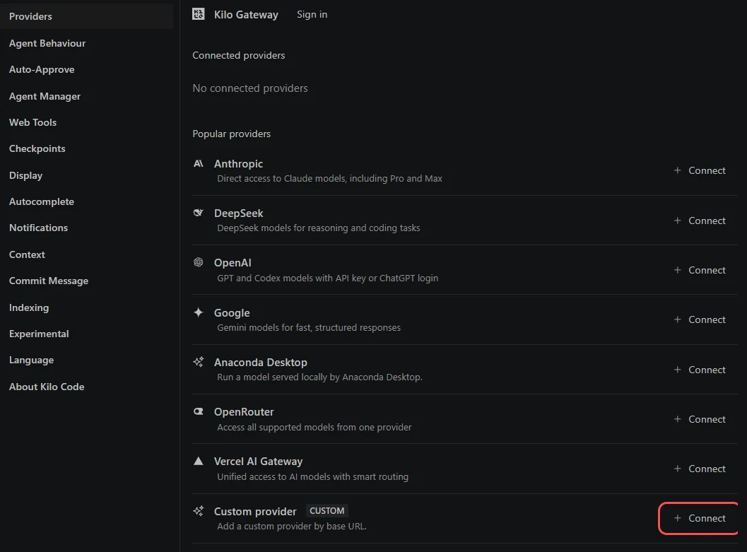 Kilo Code's settings on Providers, with Connect at Custom provider marked