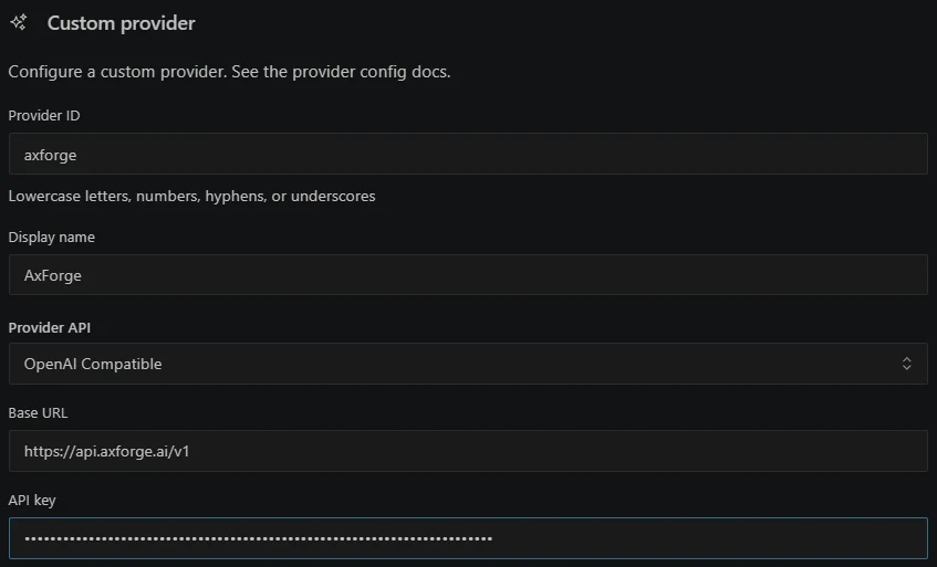 Kilo Code's Custom provider form filled in for AxForge, the key shown as dots