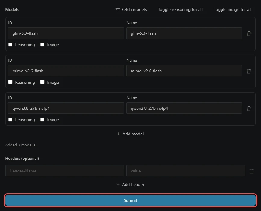 The AxForge provider with three model rows, glm-5.3-flash, mimo-v2.6-flash and qwen3.8-27b-nvfp4, and Submit marked