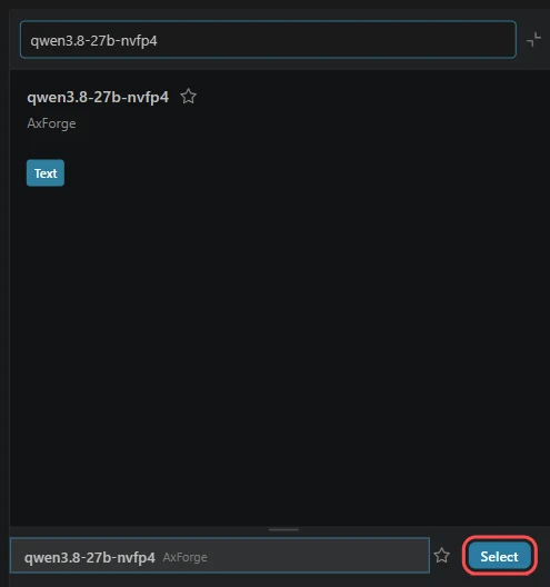 Kilo Code's model picker searched for qwen3.8-27b-nvfp4 from AxForge, with Select marked