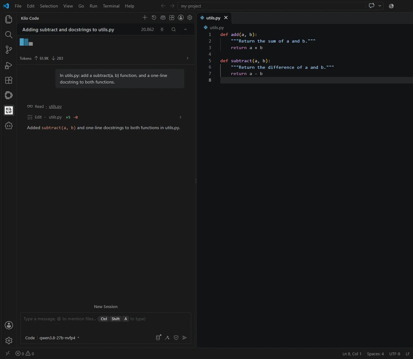 Kilo Code after adding subtract and docstrings to utils.py, qwen3.8-27b-nvfp4 under the message box