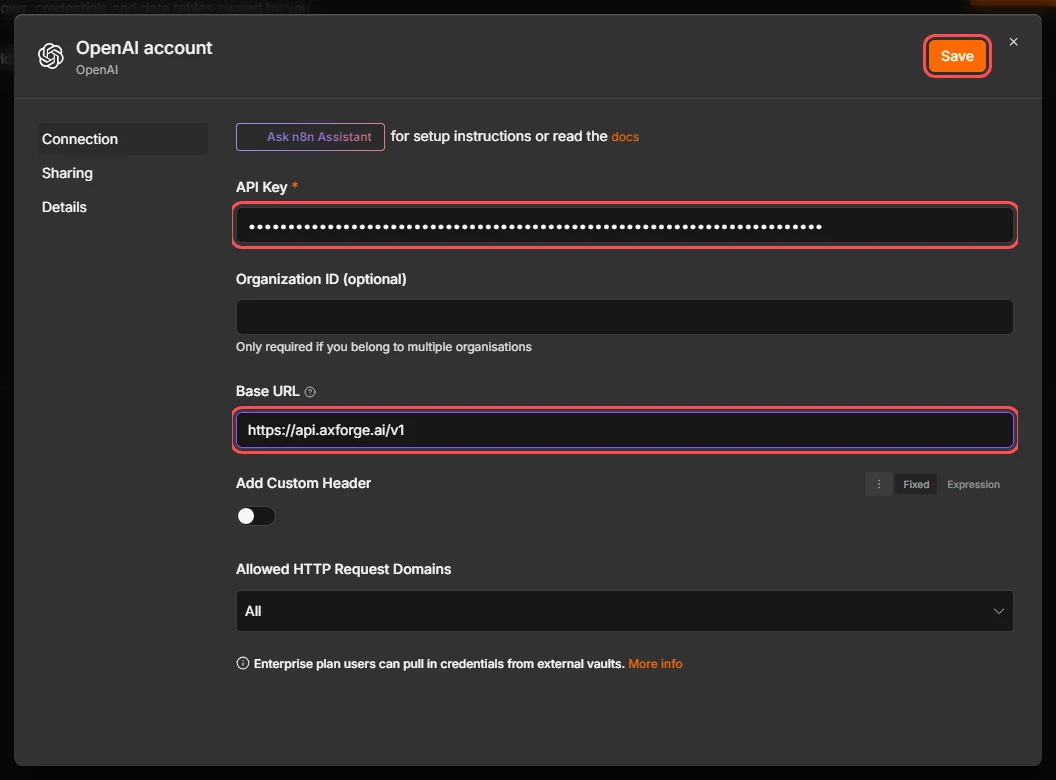 n8n's OpenAI credential with the key as dots and Base URL https://api.axforge.ai/v1, both marked, and Save marked
