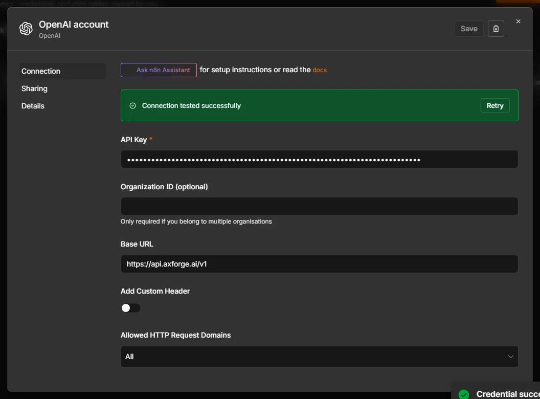 The saved credential with n8n's message Connection tested successfully