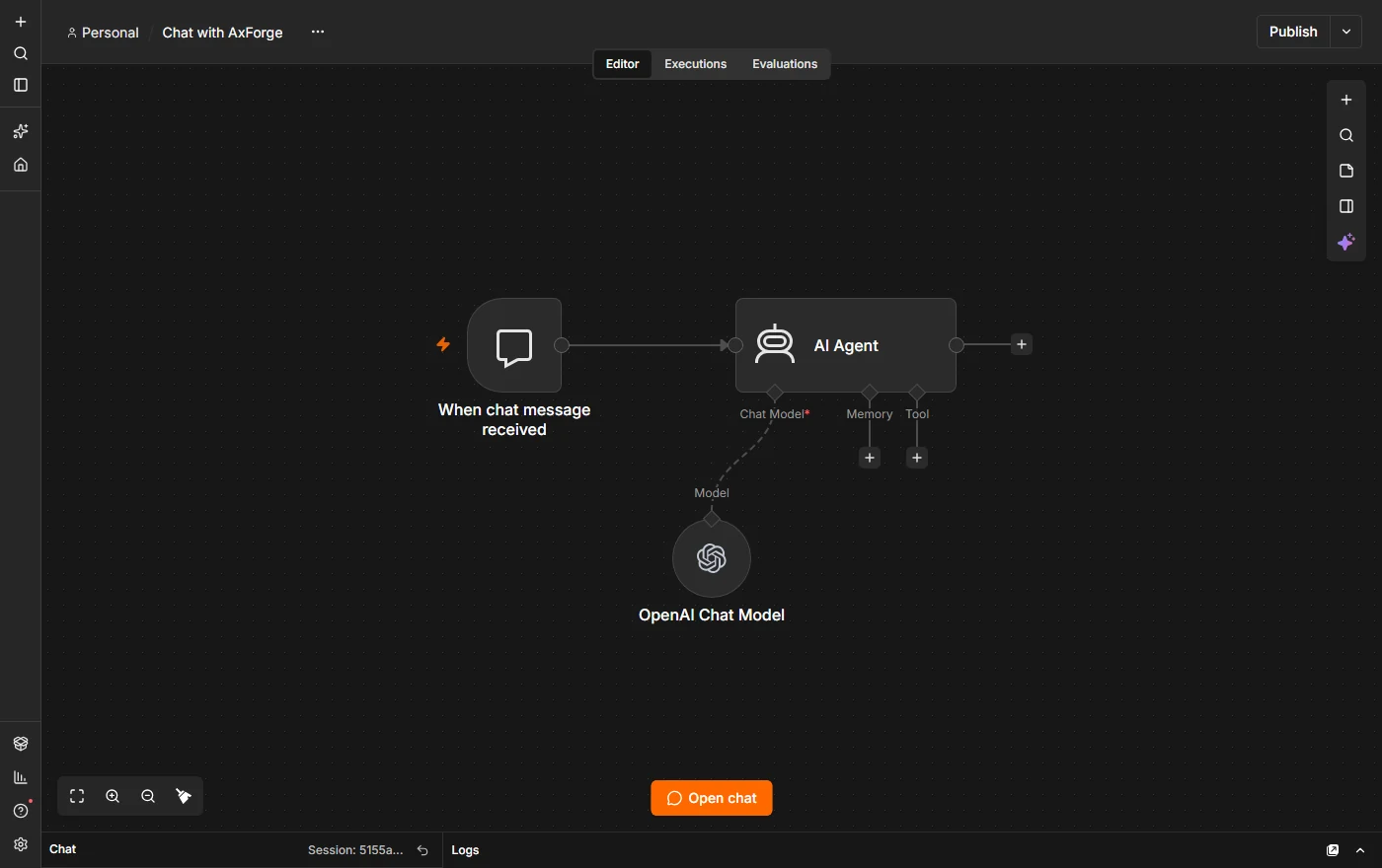 An n8n workflow: When chat message received, an AI Agent, and an OpenAI Chat Model on the agent's Chat Model connector