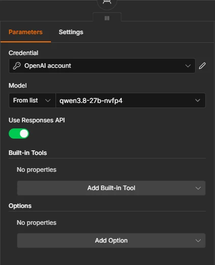 The OpenAI Chat Model node with the credential and the model qwen3.8-27b-nvfp4 chosen from the list, Use Responses API on