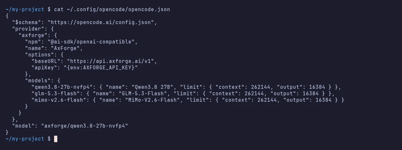 The OpenCode config file in a terminal, with the AxForge provider and its three models, each with a limit of 262144