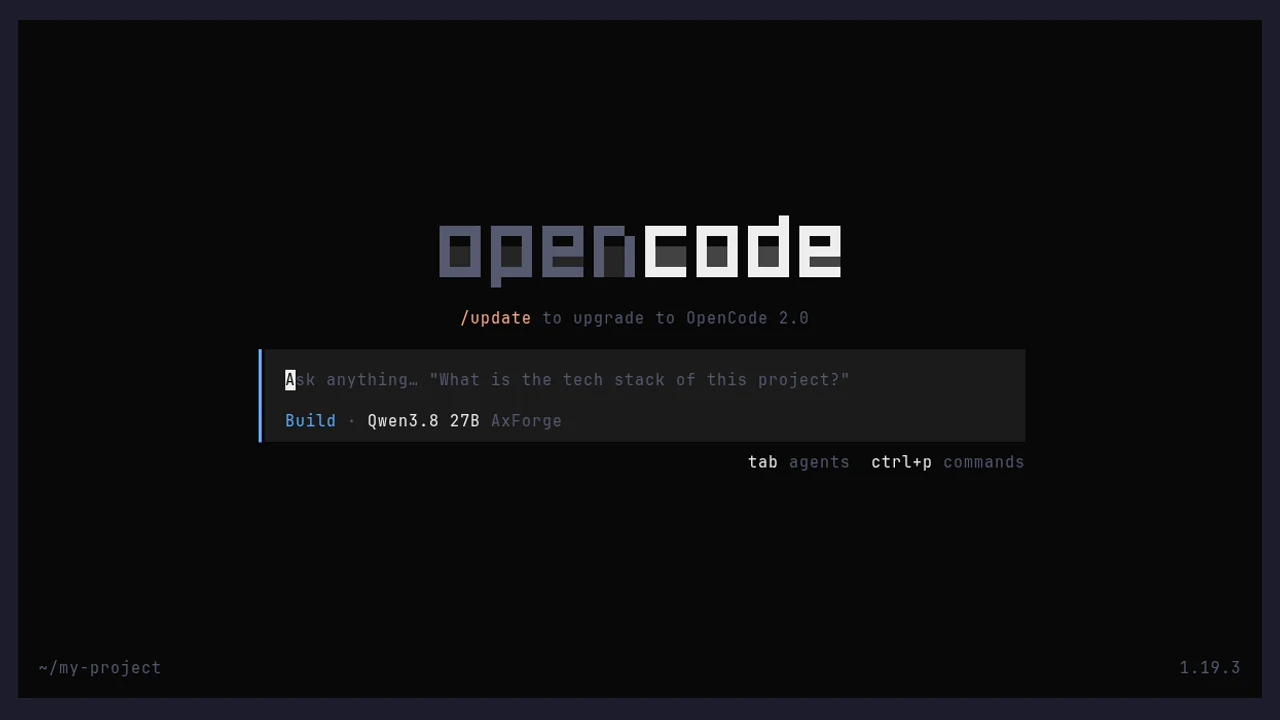 OpenCode started in a terminal, Qwen3.8 27B AxForge under the message box
