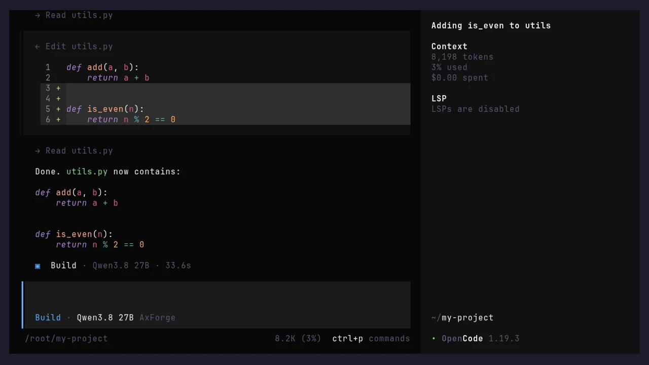 OpenCode adding a function is_even to utils.py and showing the file, on Qwen3.8 27B from AxForge