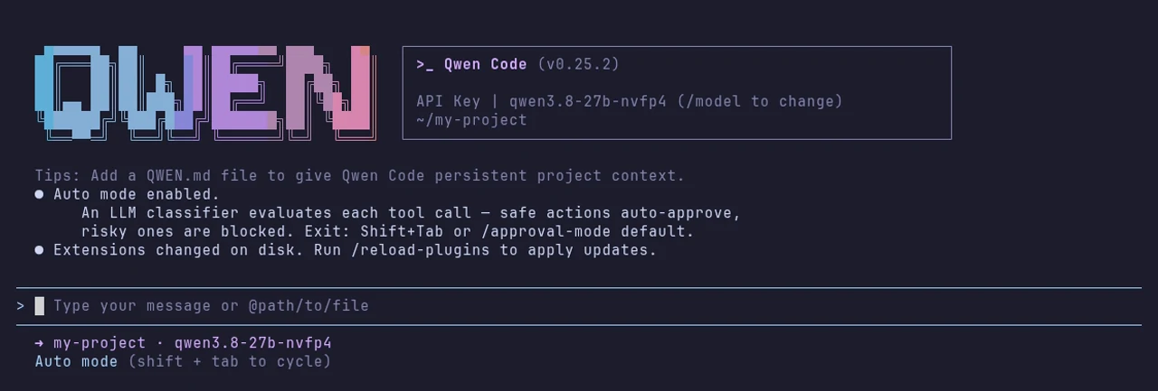 Qwen Code 0.25.2 started in a terminal, showing API Key and qwen3.8-27b-nvfp4