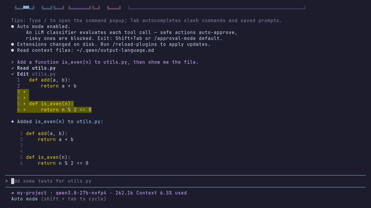 Qwen Code adding a function is_even to utils.py and showing the file, the footer showing qwen3.8-27b-nvfp4 and 262.1k Context